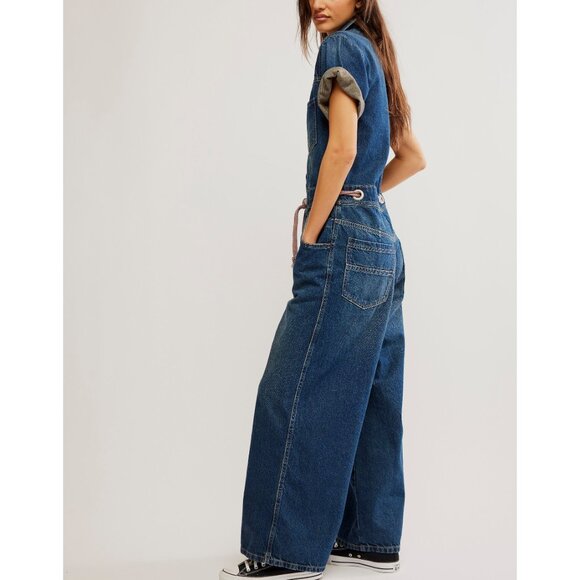 FREE PEOPLE We The Free Edison Wide Leg Coverall / Cerulean Skies - Picture 7 of 11